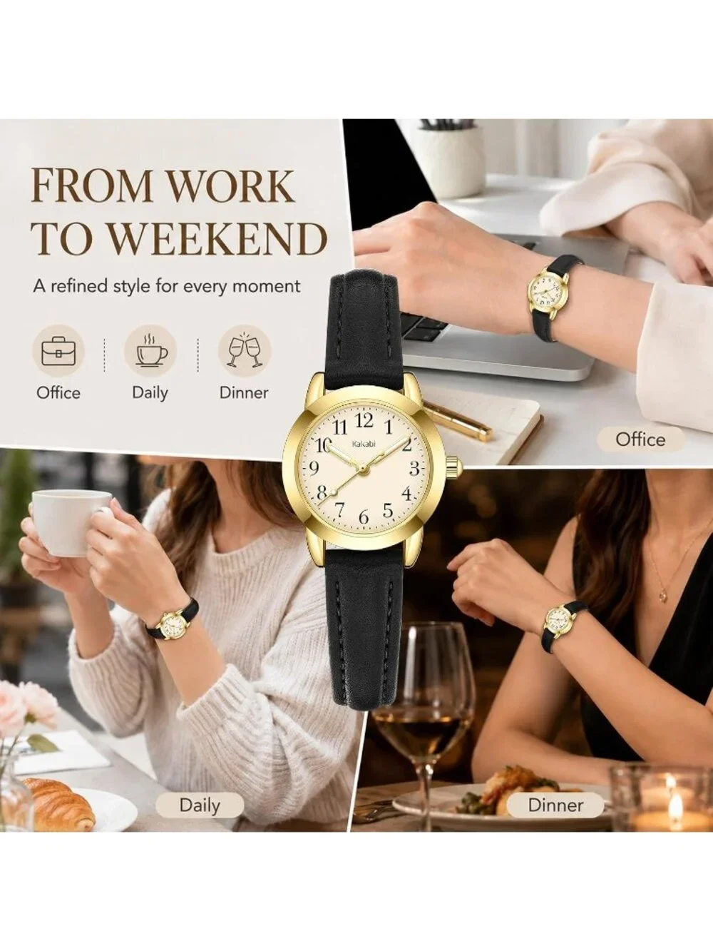 Women's Black White Vintage Analog Slim Leather Strap Quartz Movement Watch